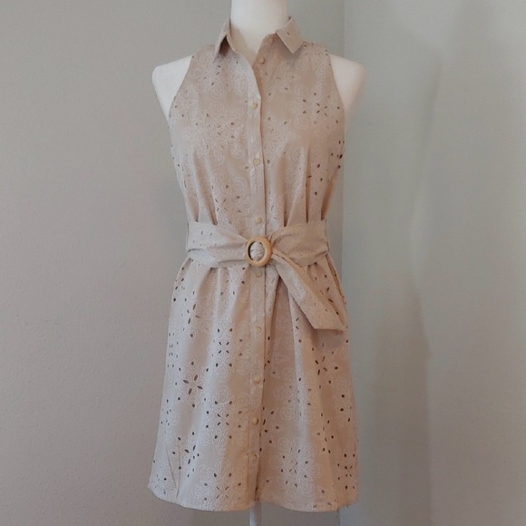 Zara Beige Cutwork Embroidered Sleeveless Belted Cotton Mini Shirt Dress Med NEW - Picture 10 of 12
